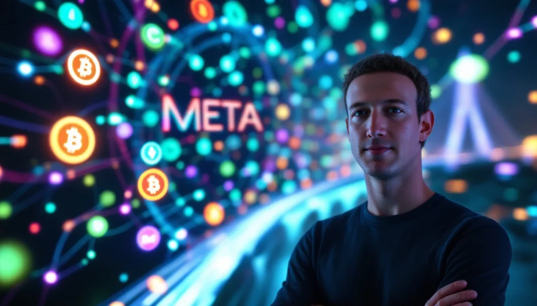 Mark Zuckerberg standing in front of Meta crypto network visual with Bitcoin and blockchain icons, 2025 Meta crypto integration strategy