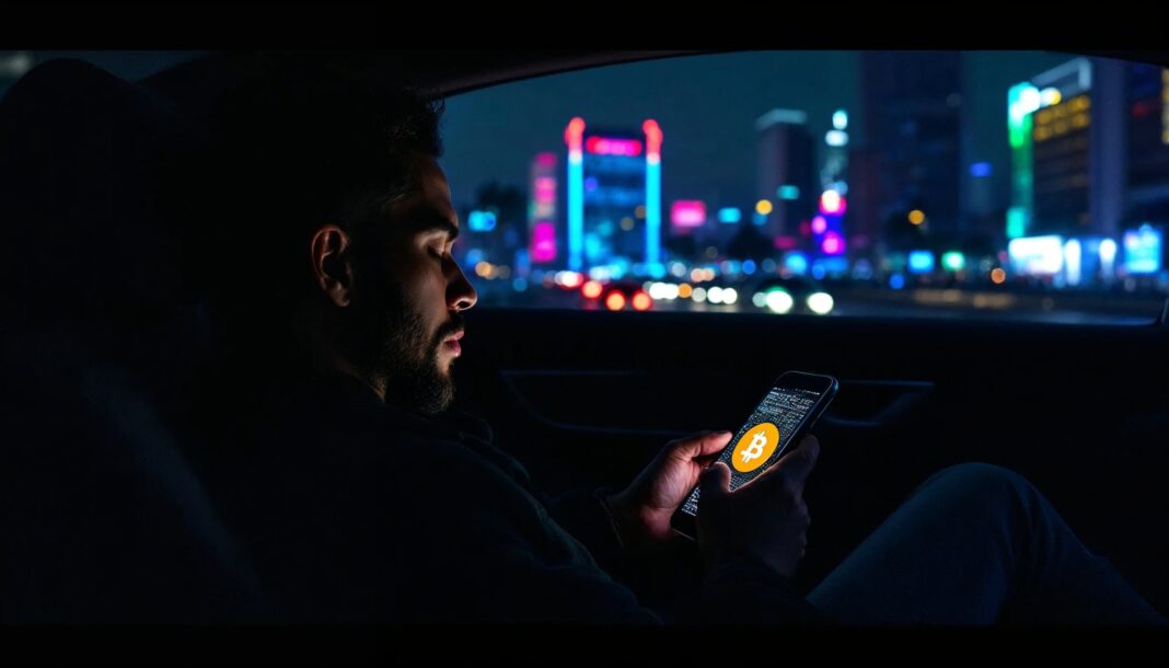 Man holding smartphone with Bitcoin wallet in dark car at night, symbolizing crypto theft risk during travel in foreign cities