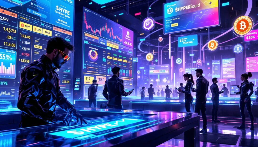 Traders interact with futuristic digital dashboards displaying $HYPE token data and Hyperliquid DEX metrics, illustrating the platform’s rise as a decentralized, VC-free alternative in the Internet Capital Markets narrative