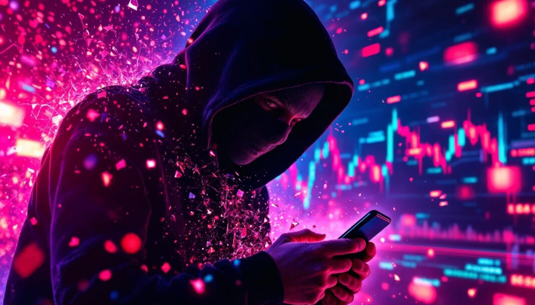Hacker using smartphone in SEC X account SIM swap attack triggering Bitcoin ETF fake news and crypto market volatility in 2024