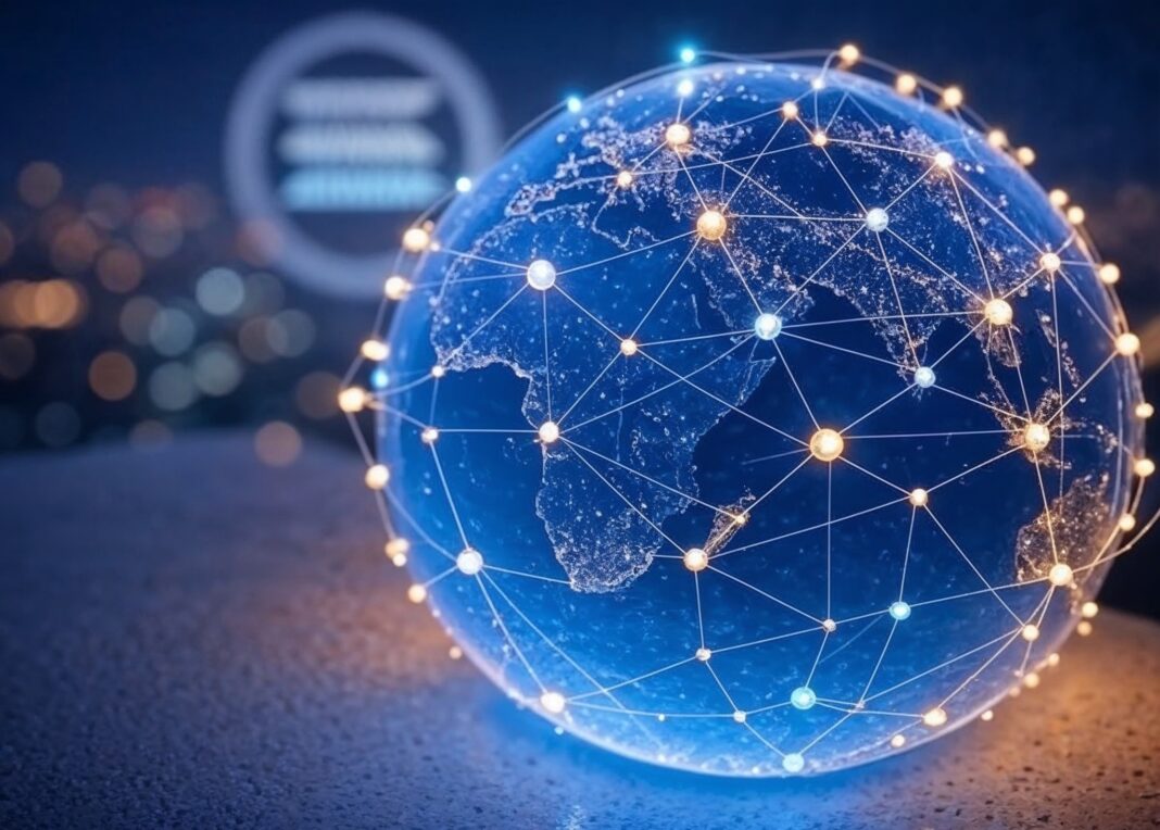 Digital globe with connected nodes symbolizing Internet Capital Markets and decentralized crowdfunding powered by Believe.app on the Solana blockchain