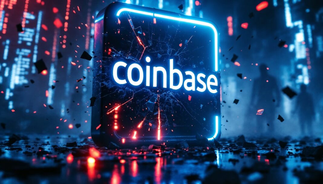 Coinbase logo with shattered glass effect symbolizing the 2025 data breach exposing 69,000 users, highlighting critical vulnerabilities in crypto platform security