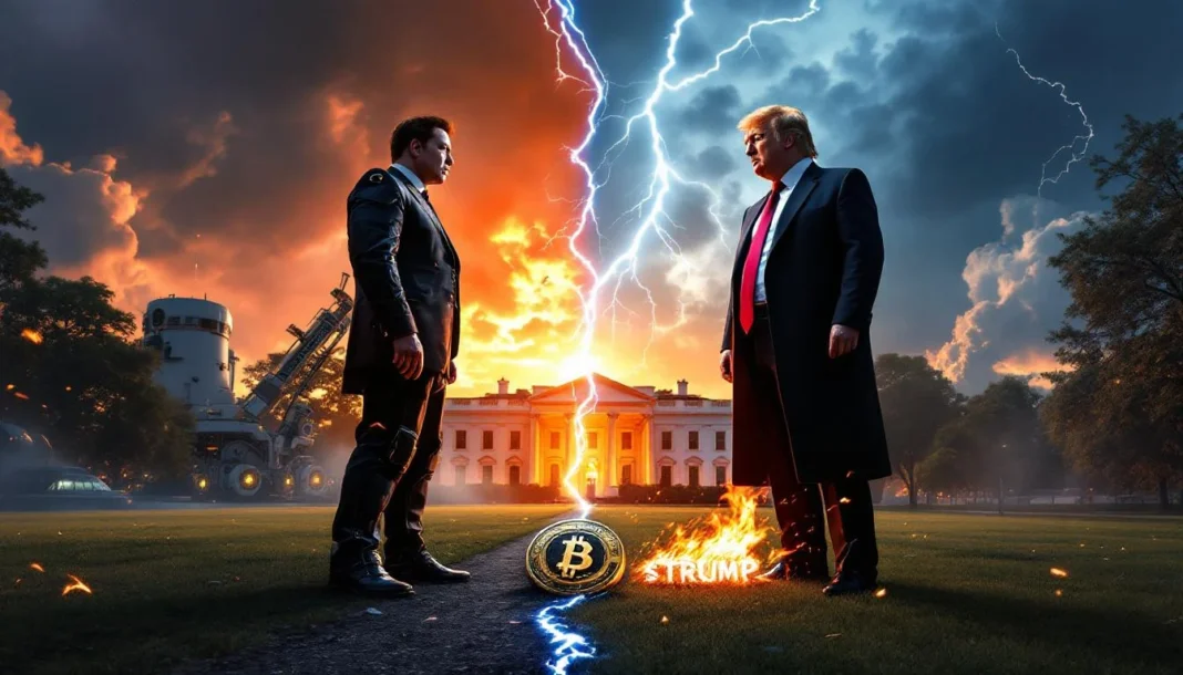 Dramatic digital illustration of Elon Musk and Donald Trump facing off with lightning over the White House, symbolizing their 2025 feud and its impact on cryptocurrency markets including Dogecoin and $TRUMP