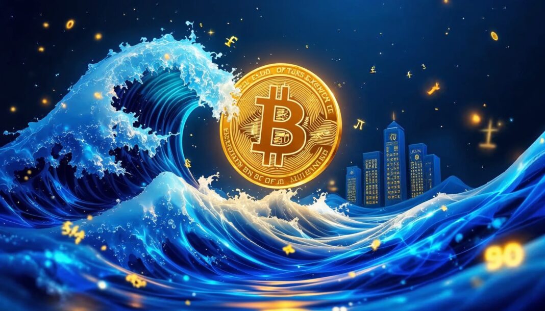 Illustration of a golden Bitcoin symbol rising with a tidal wave of global liquidity, representing the correlation between Bitcoin price and M2 money supply expansion in global financial markets.