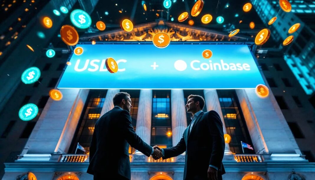 Businessmen shaking hands in front of USDC and Coinbase banner on Wall Street, symbolizing stablecoin regulation and market confidence after U.S. Senate’s Genius Act progress