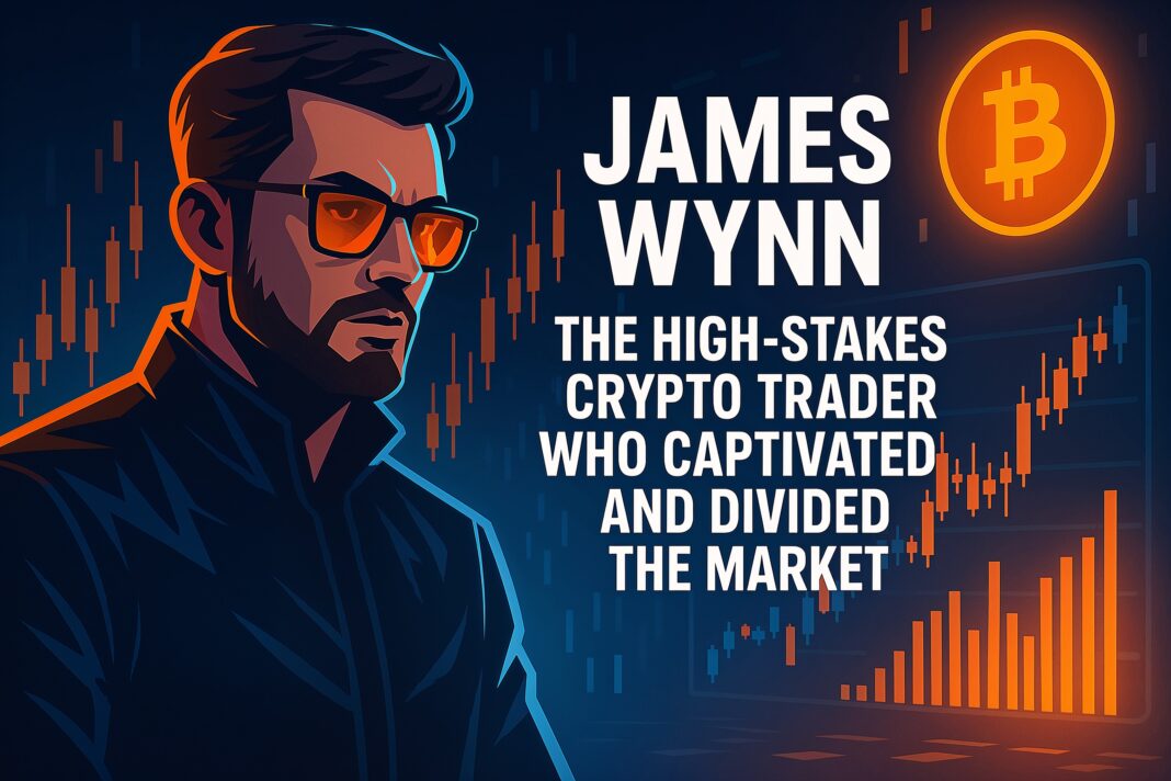 Illustration of James Wynn, high-stakes crypto trader, with Bitcoin and candlestick charts symbolizing his dramatic market influence and controversial trading journey on Hyperliquid in 2025