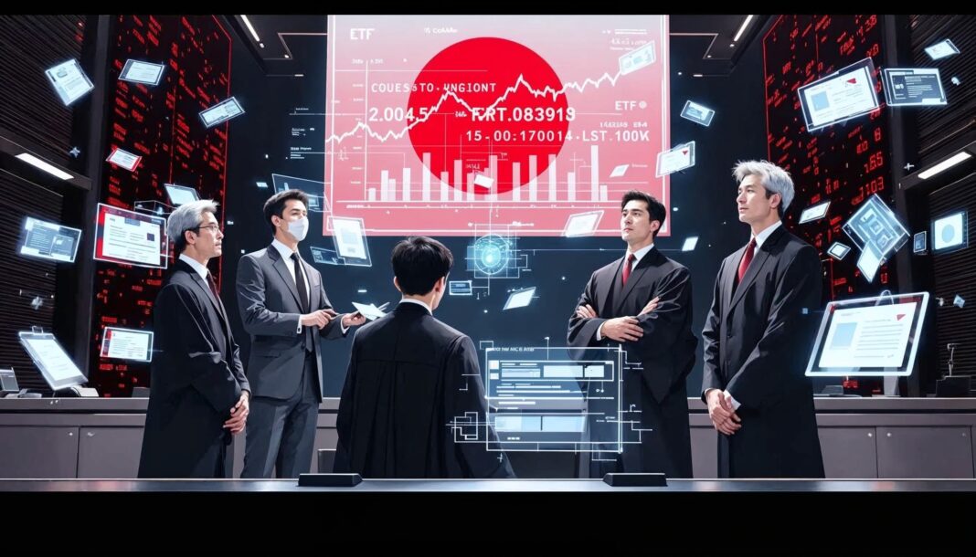 Japanese financial regulators discussing crypto ETFs and digital asset tax reforms with stock market data and Japan flag backdrop, symbolizing Japan’s crypto reclassification strategy