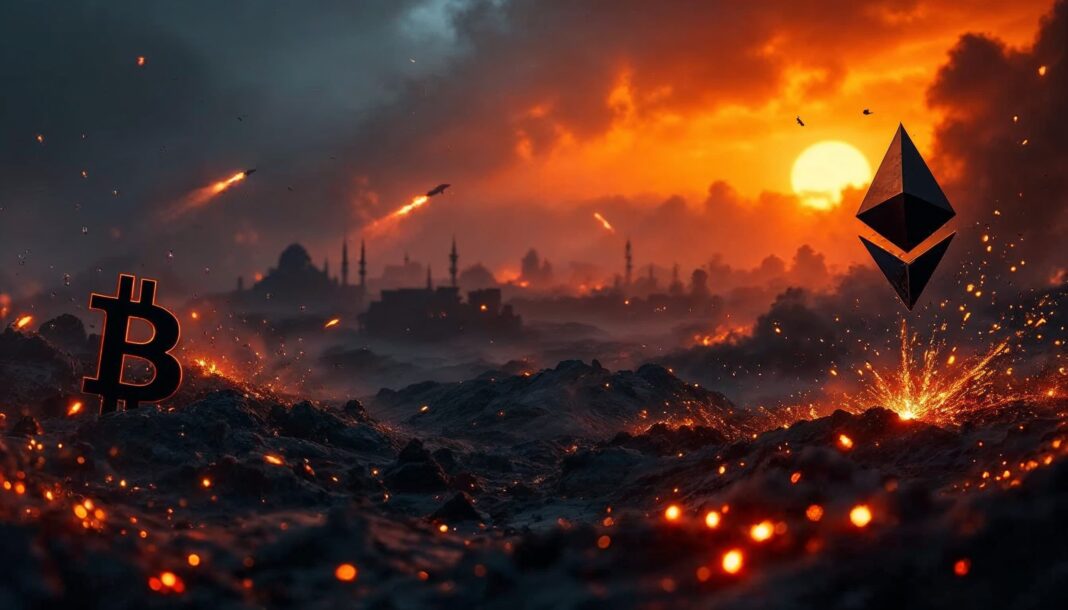 Bitcoin and Ethereum symbols amid a fiery battlefield and missile strikes, symbolizing the crypto market turmoil following the 2025 Iran-Israel war and Donald Trump's geopolitical escalation