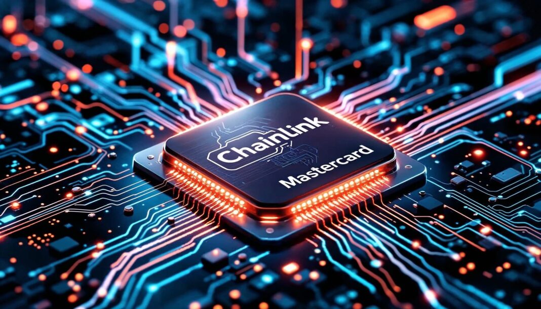 Chainlink and Mastercard integration chip on digital circuit board, symbolizing blockchain infrastructure powering crypto payments and hybrid finance