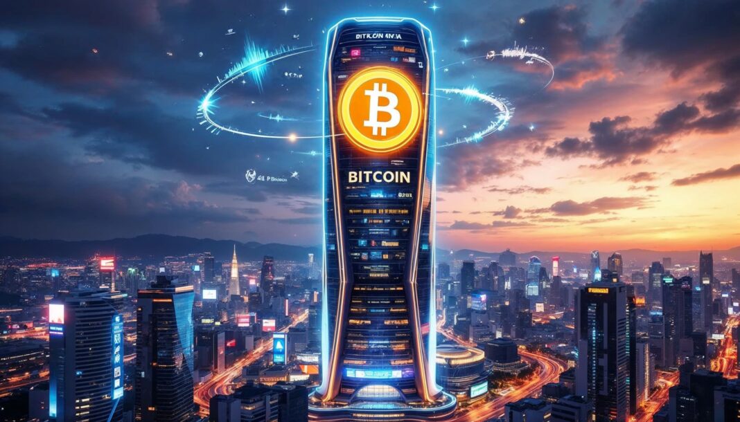 Futuristic skyscraper with Bitcoin logo in Asian city skyline at sunset, symbolizing Metaplanet's $500M BTC strategy and Korea’s crypto adoption