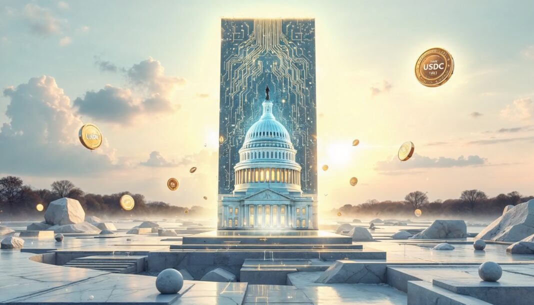 U.S. Capitol emerging from digital circuit backdrop with floating USDC coins, symbolizing stablecoin regulation and the Genius Act crypto legislation