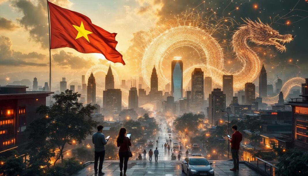 Vietnamese flag over modern skyline with digital dragon, symbolizing Vietnam's crypto legalization and rise as a Web3 technology hub in Southeast Asia