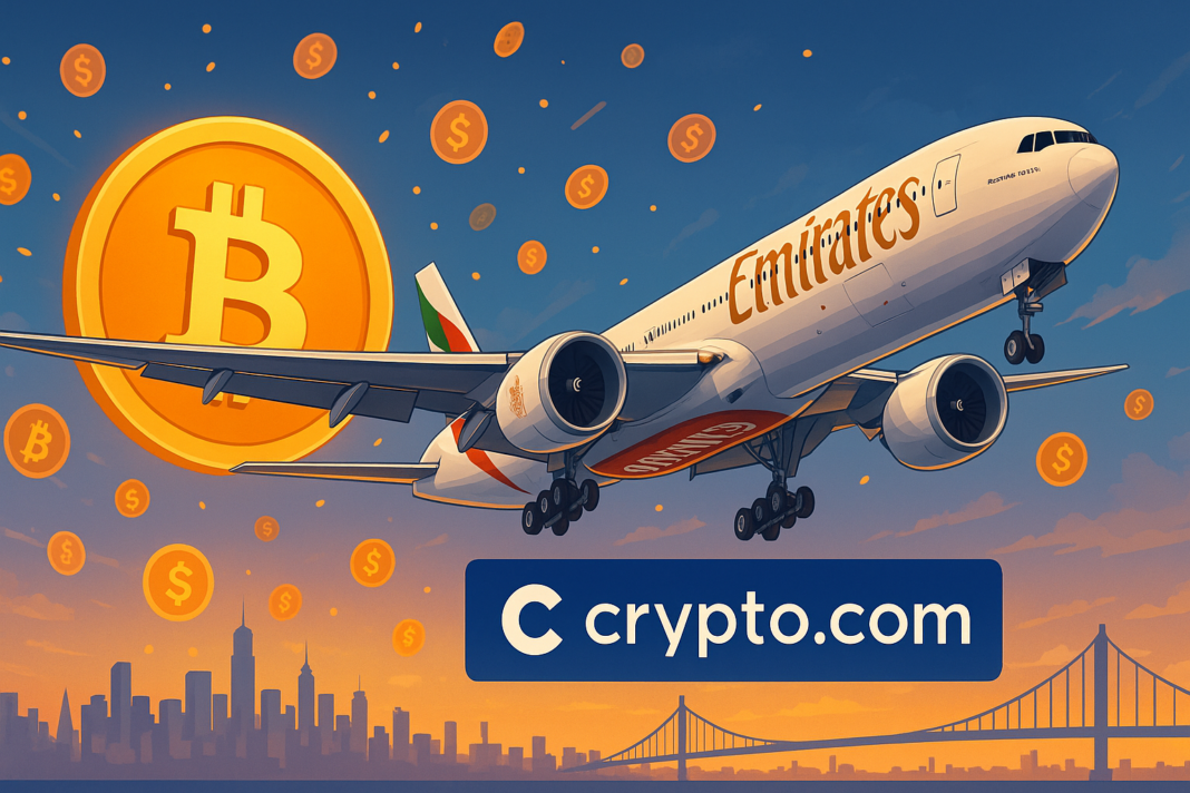Emirates airplane flying over futuristic city skyline with Bitcoin and Crypto.com logos, symbolizing UAE’s adoption of cryptocurrency payments in the airline industry