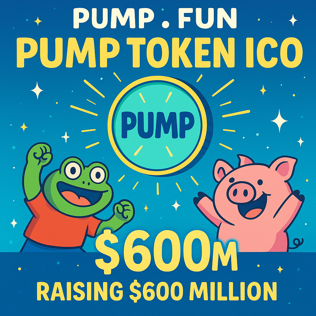 Digital illustration of Pump.fun PUMP token ICO launch, depicting $600 million crypto fundraising on Solana with meme coin branding and decentralized social media theme