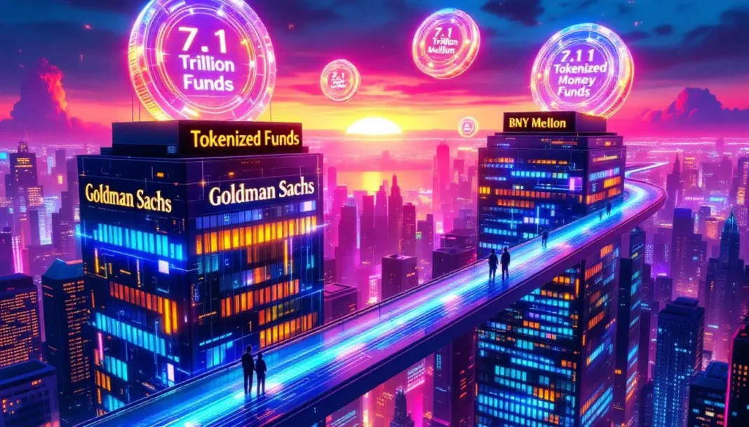 Futuristic illustration of Goldman Sachs and BNY Mellon launching $7.1 trillion tokenized money market funds using blockchain technology, symbolizing the transformation of traditional finance through digital assets