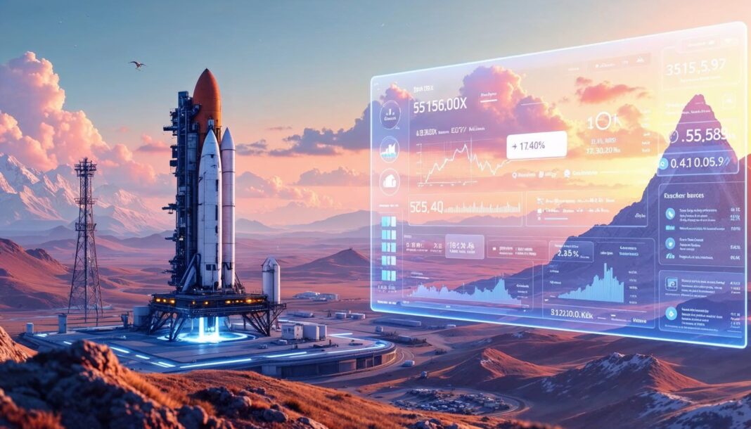 SpaceX rocket launch pad with futuristic blockchain stock trading interface, symbolizing the tokenization of SpaceX shares through blockchain technology