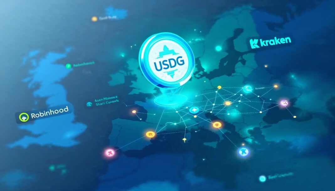 Map of Europe highlighting USDG stablecoin launch by Robinhood and Kraken, showing blockchain-based payment network expansion across the continent