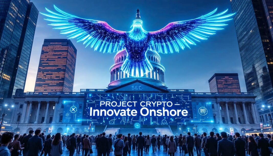 Digital eagle projection above U.S. Capitol with SEC branding and ‘Project Crypto – Innovate Onshore’ banner, symbolizing America’s push to lead global crypto regulation under the SEC’s 2025 initiative