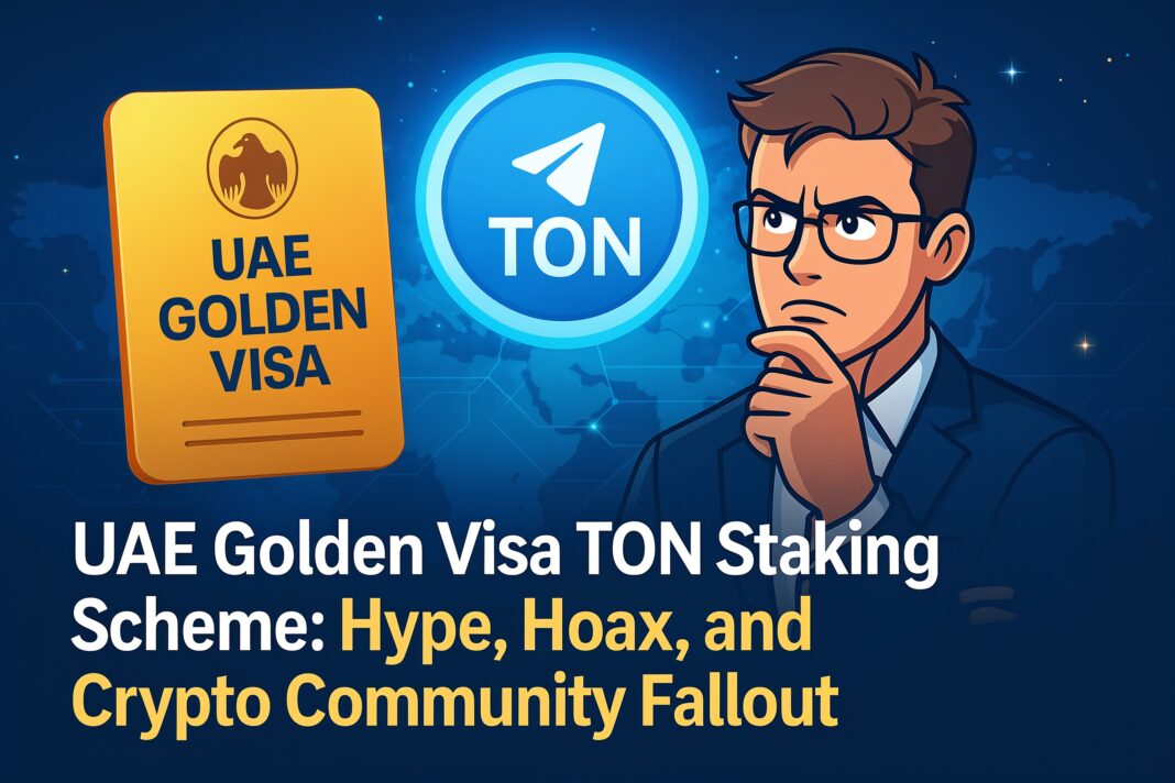 Illustration of UAE map with Toncoin staking and golden visa elements symbolizing the controversy over the fake TON Golden Visa scheme in 2025