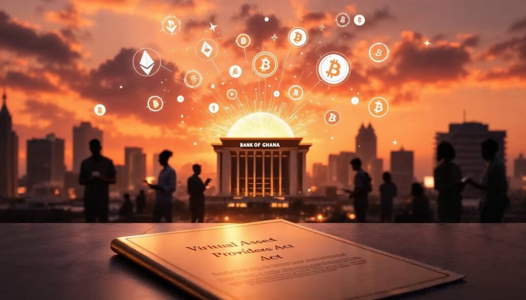 Illustration of Bank of Ghana at sunset with floating cryptocurrency icons and Virtual Asset Providers Act document, symbolizing Ghana’s upcoming crypto regulation in 2025