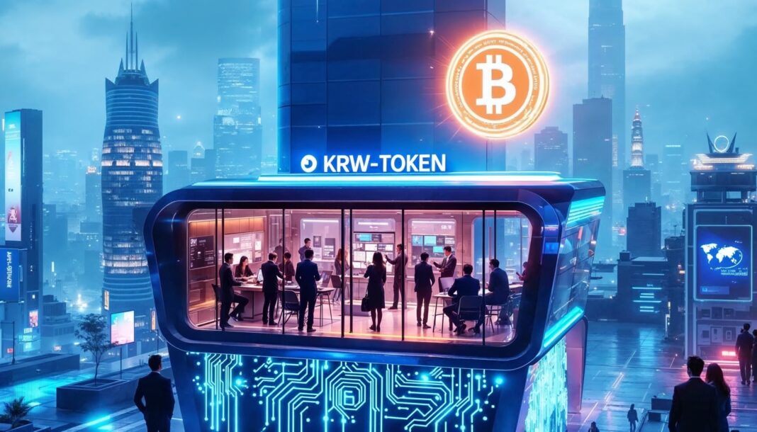 Futuristic South Korean crypto office with KRW-token sign and Bitcoin symbol, representing Bank of Korea’s virtual asset division and stablecoin oversight