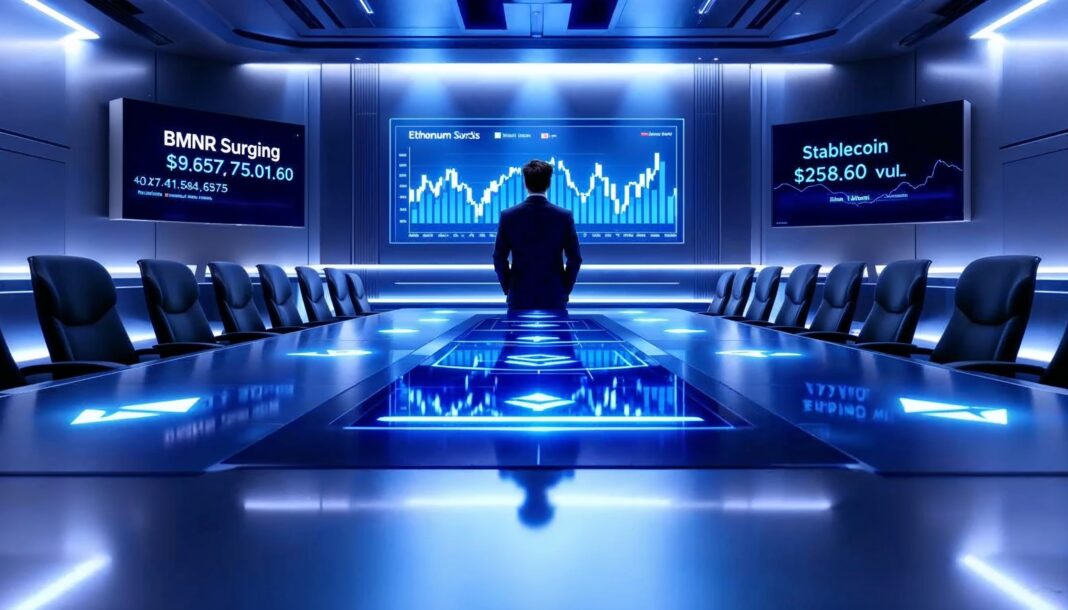 om Lee overseeing BitMine Immersion’s Ethereum strategy amid ETH surge, BMNR stock rally, and stablecoin ecosystem growth on futuristic financial dashboard