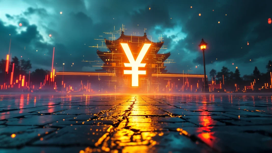 A cinematic wide shot of the Forbidden City under moody twilight skies, with a glowing digital yuan symbol hovering above the palace like a hologram. In the background, futuristic financial graphs and blockchain chains glow in red and gold. A ghosted silhouette of a torn dollar bill fades into the sky, symbolizing challenge to U.S. currency dominance. The scene has a vivid style, with high contrast lighting and digital glow effects. Photorealistic compositing with surreal symbolism, viewed from a low-angle perspective for visual impact.