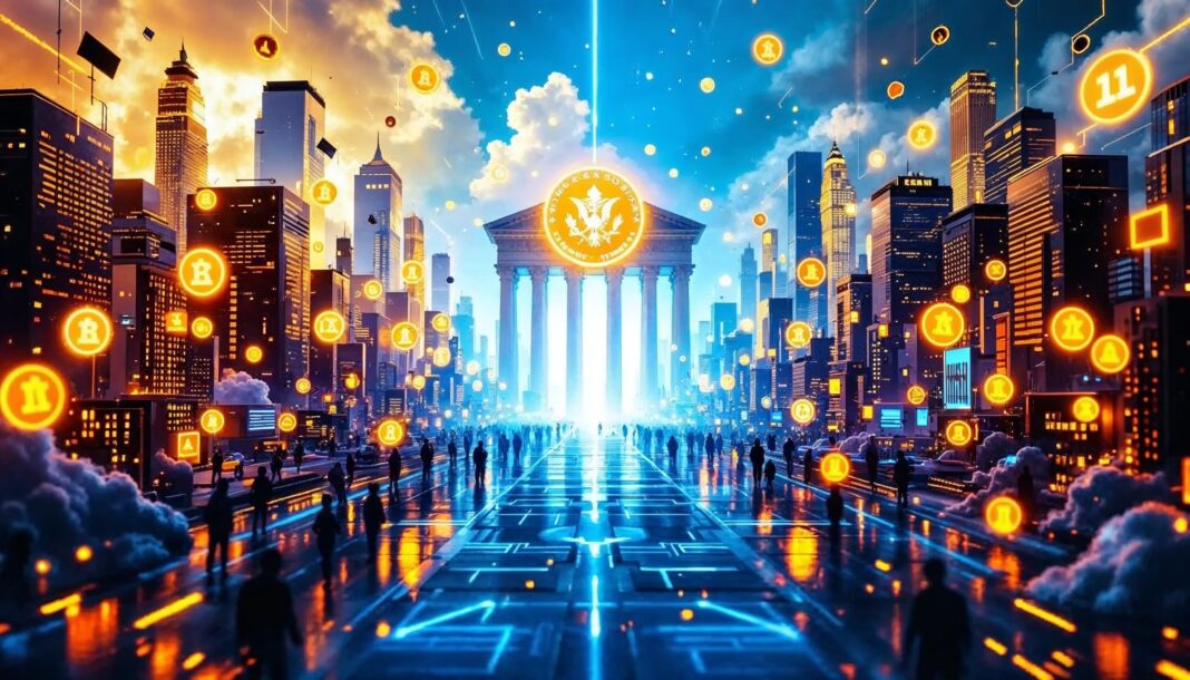 US Treasury building overlaid with digital ID icons and blockchain nodes, illustrating proposed integration of identity verification into DeFi smart contracts