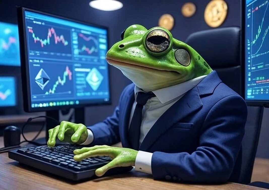 AI-powered frog character analyzing crypto charts for MIND of Pepe article, surrounded by Ethereum symbols and meme coin visuals, vibrant digital art style, representing trading and blockchain innovation